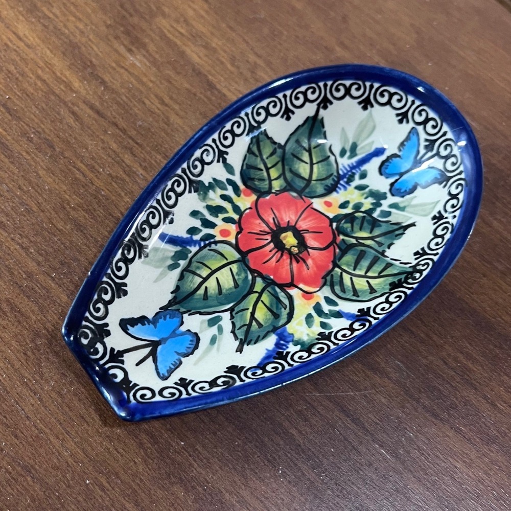 Cer-Raf Polish Pottery Spoon Rest OS Blue Exc Hand Painted Unikat Butterfly